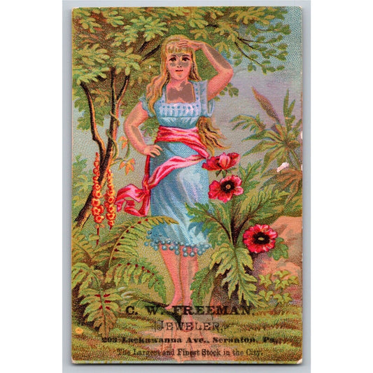 C.W. Freeman Jeweler Scranton, PA Girl in Blue Dress - Victorian Trade Card