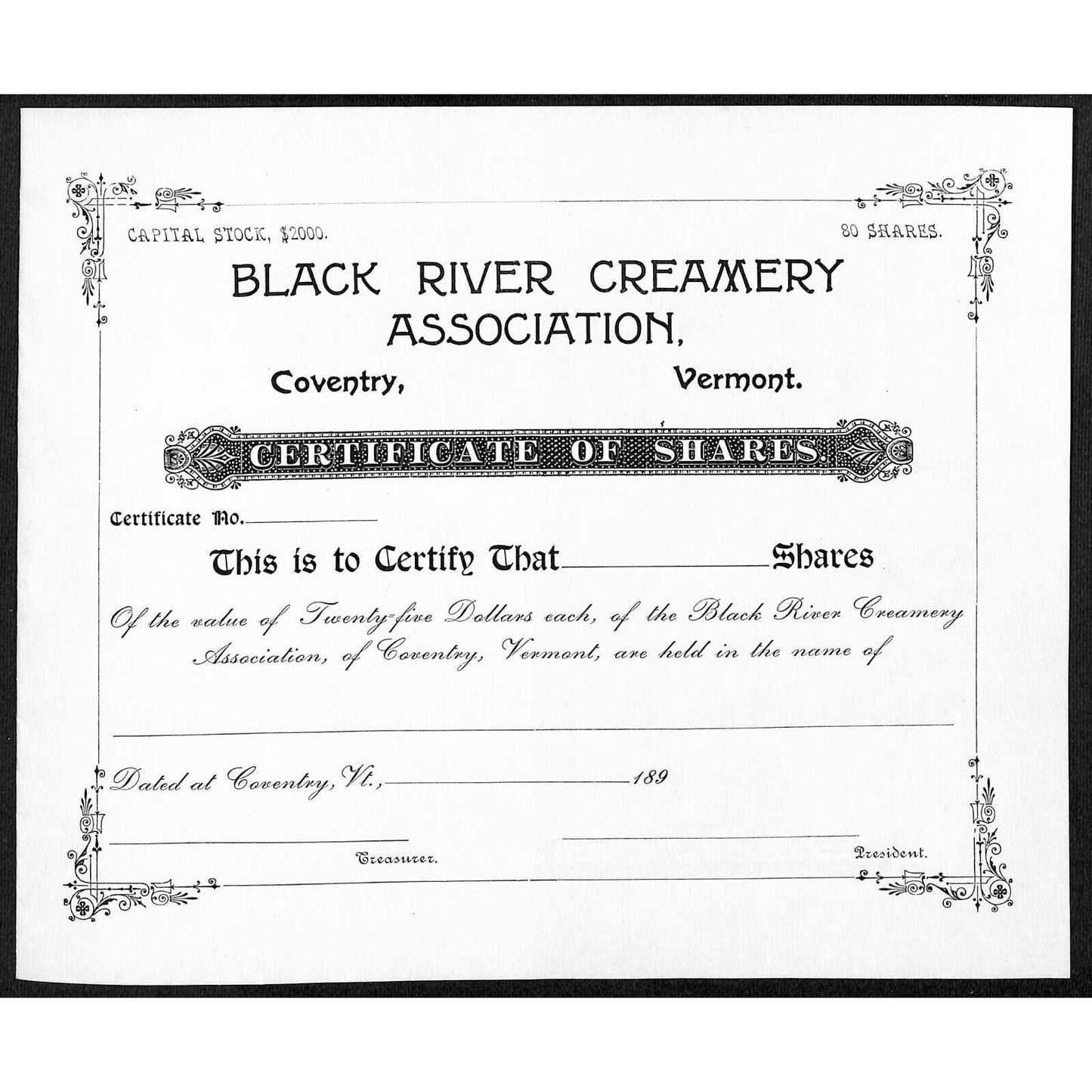 Black River Creamery Association Coventry VT Unused Stock Certificate 1890's VGC