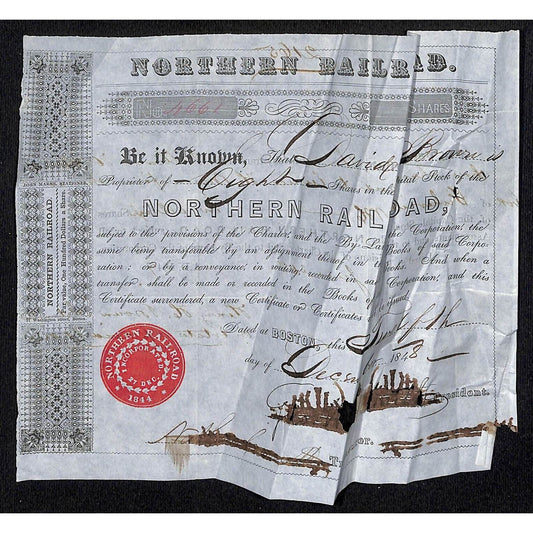 1848 Boston MA Northern Railroad Stock Certificate No. 4661 for 8 Shares