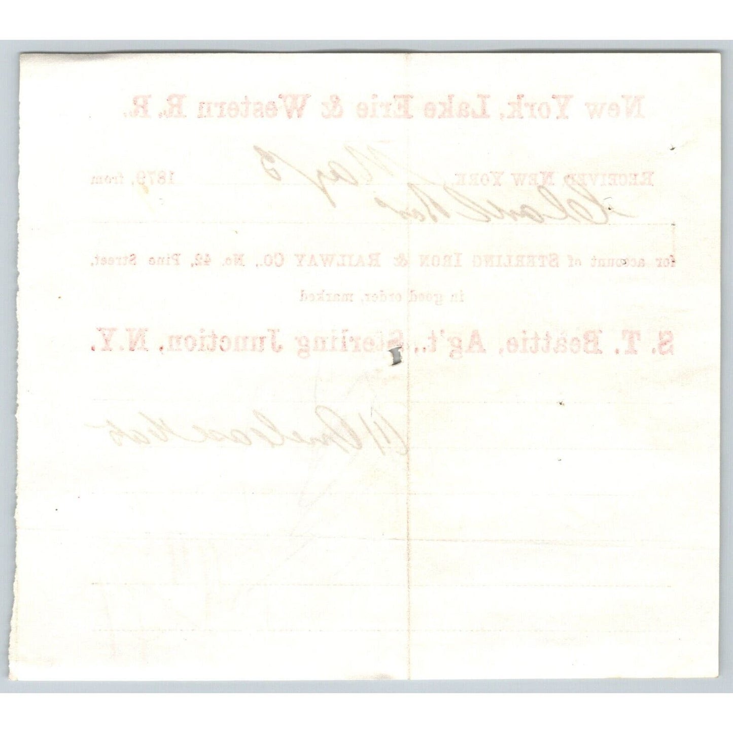 New York, Lake Erie & Western R.R. 1879 Railroad Freight Billhead Case of Hats?