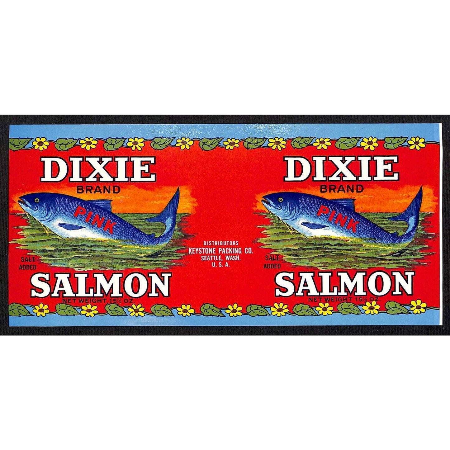 Dixie Brand Pink Salmon Paper Can Label Seattle c1963 - Ocean Fish Waves
