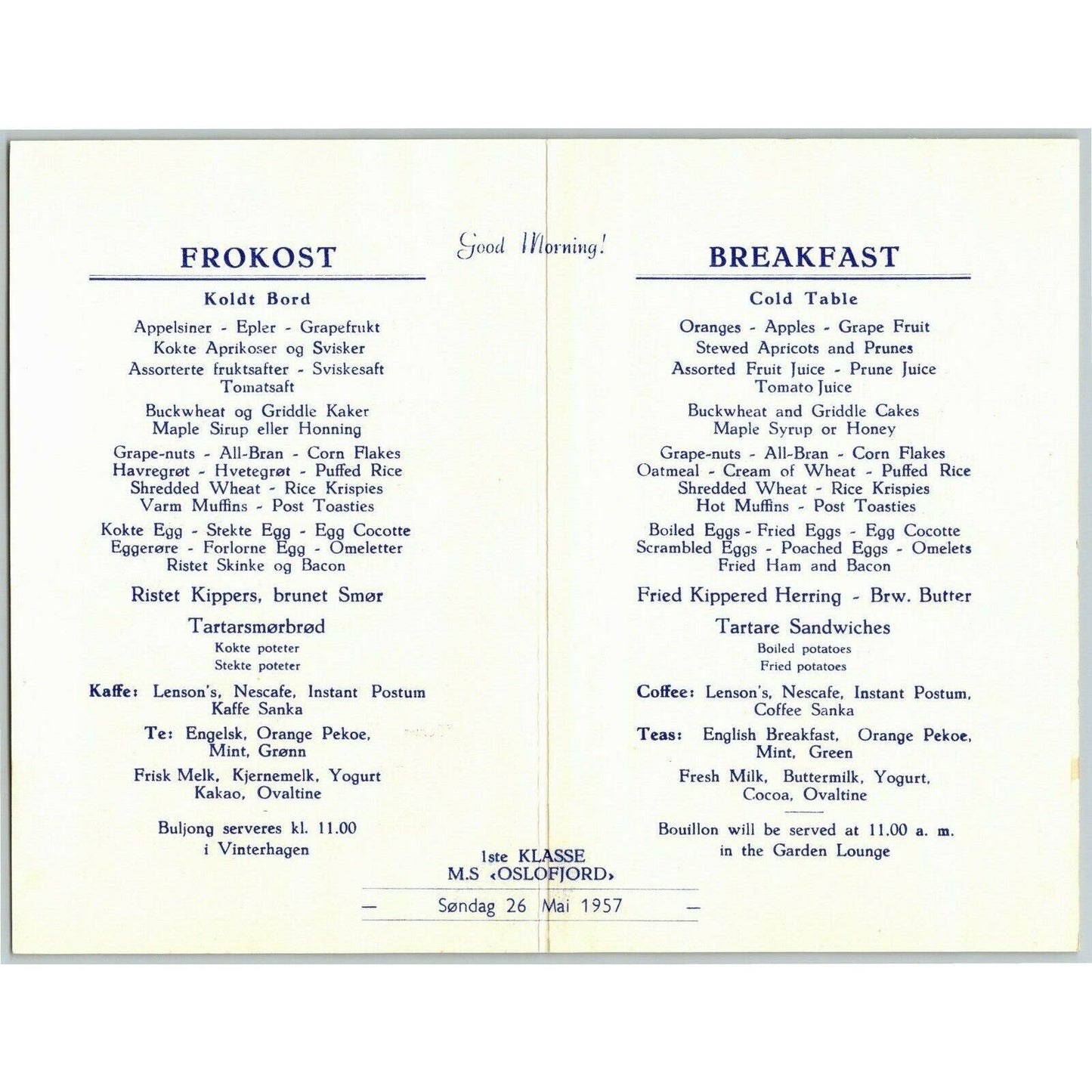 1957 Norwegian America Line SS Oslofjord Ocean Liner Single Sheet Breakfast Menu