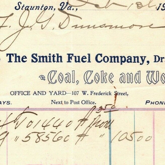 1904 Scarce "The Smith Fuel Company" Coal Coke Staunton, VA Letterhead Billhead