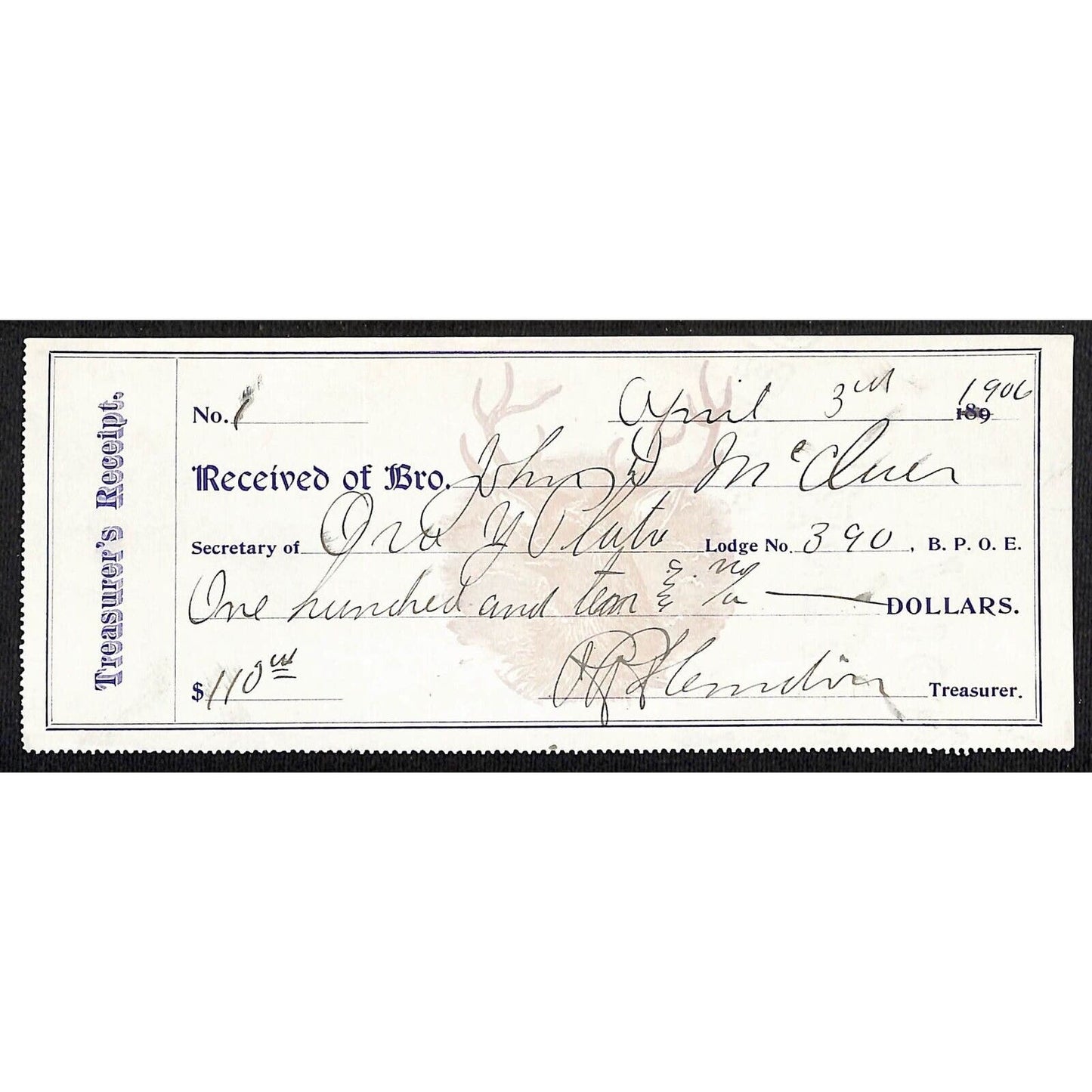 BPOE 1906 Treasurer's Receipt "Received of Bro." w/ Deer Head Underprint Check