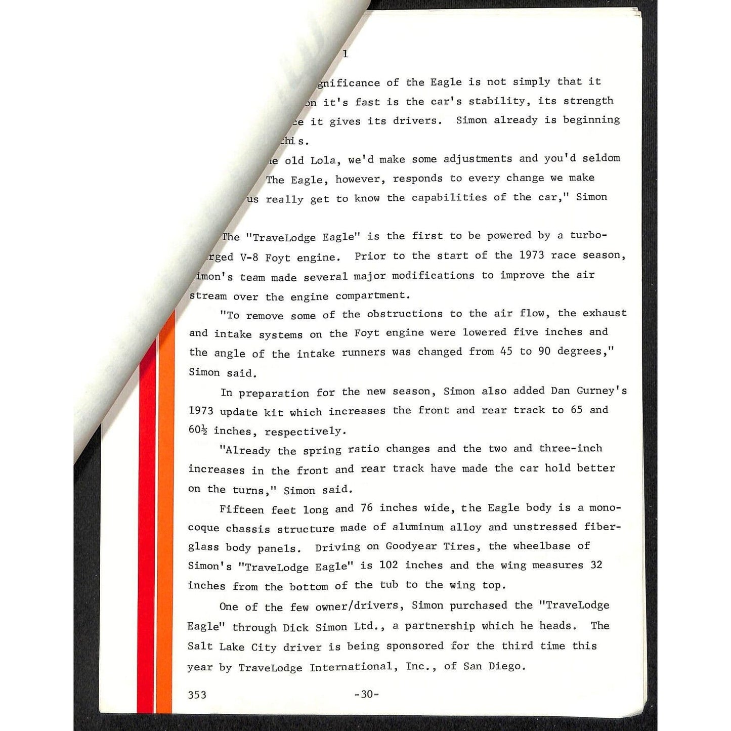 c1973 Dick Simon / TraveLodge Indy 500 Indianapolis Press Releases & Specs 12pp