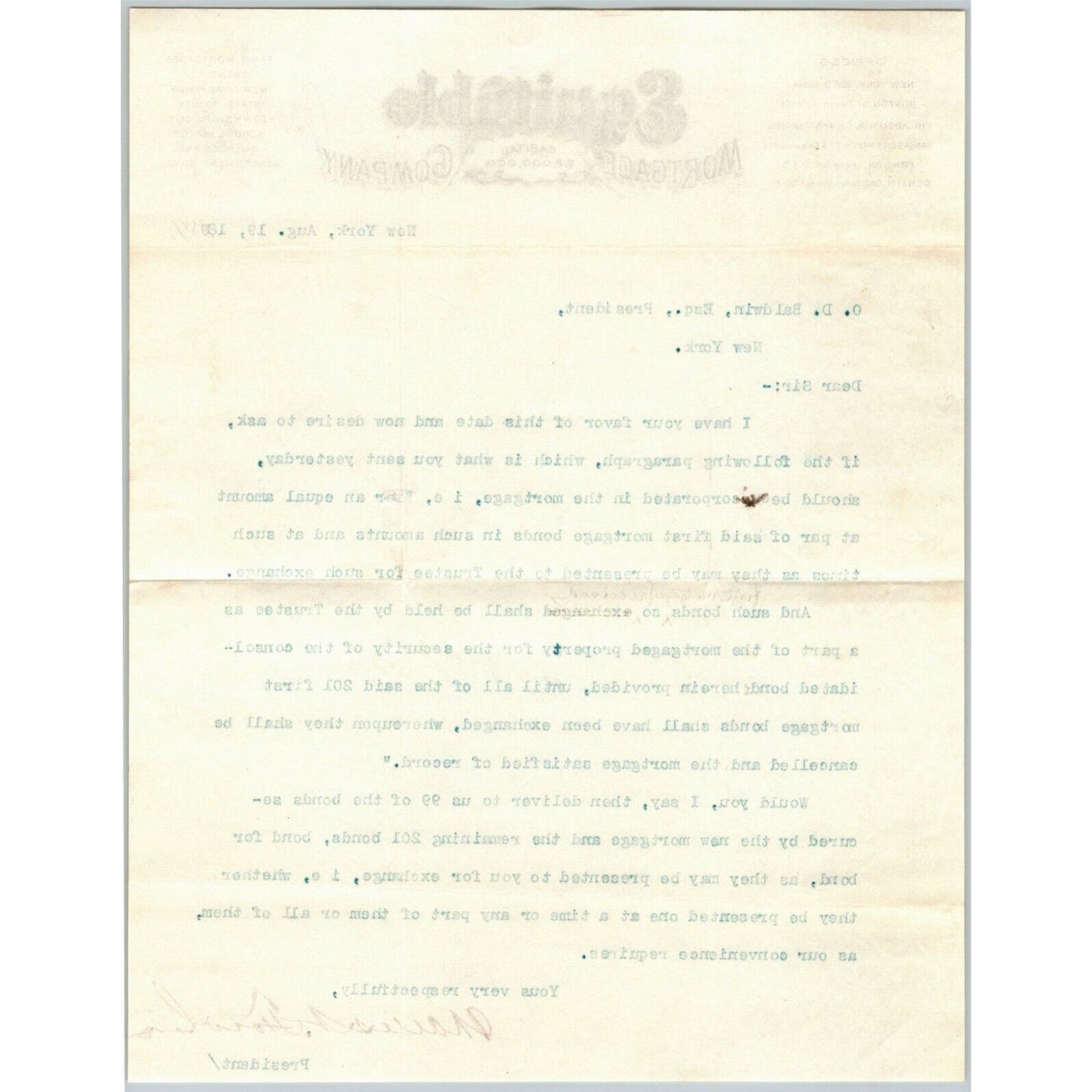 1889 Equitable Mortgage Company Letterhead 208 Broadway, NY re: Bond Exchange
