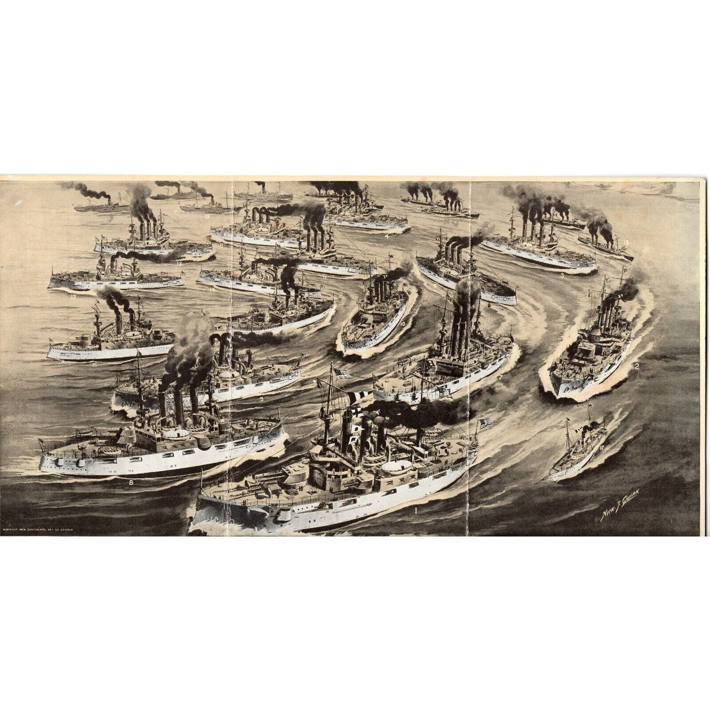 Scarce c1910 "Fleet of the U.S. Navy" 3-Panel "Gridiron Maneuver" Postcards