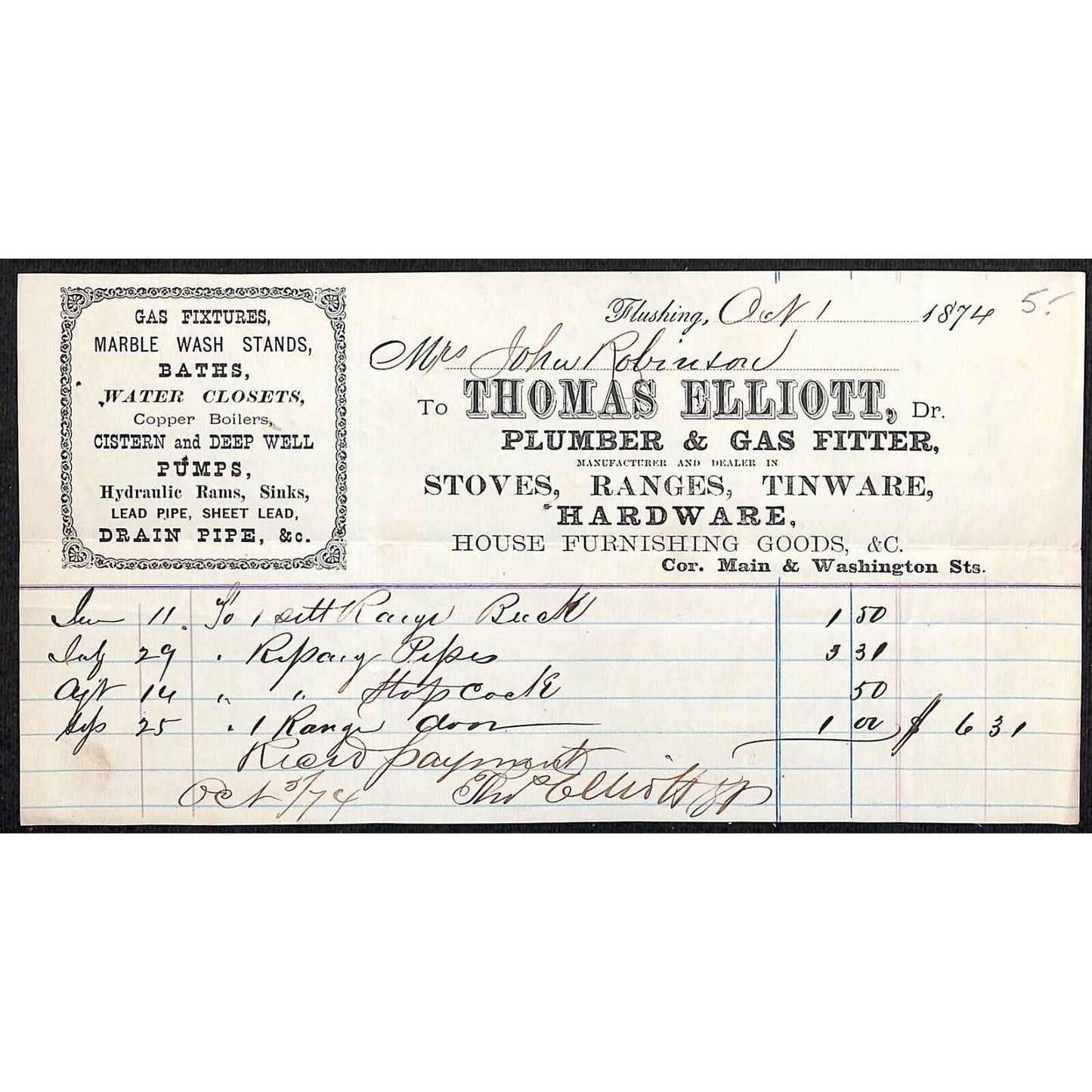 Flushing, NY Thomas Elliott Plumber Gas Fitter Stoves 1874 Billhead Letterhead