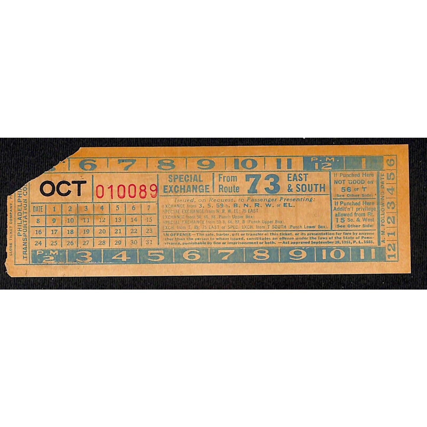 Vintage c1940's-50's Ticket - Philadelphia Transit Co. - Route 73 #10089
