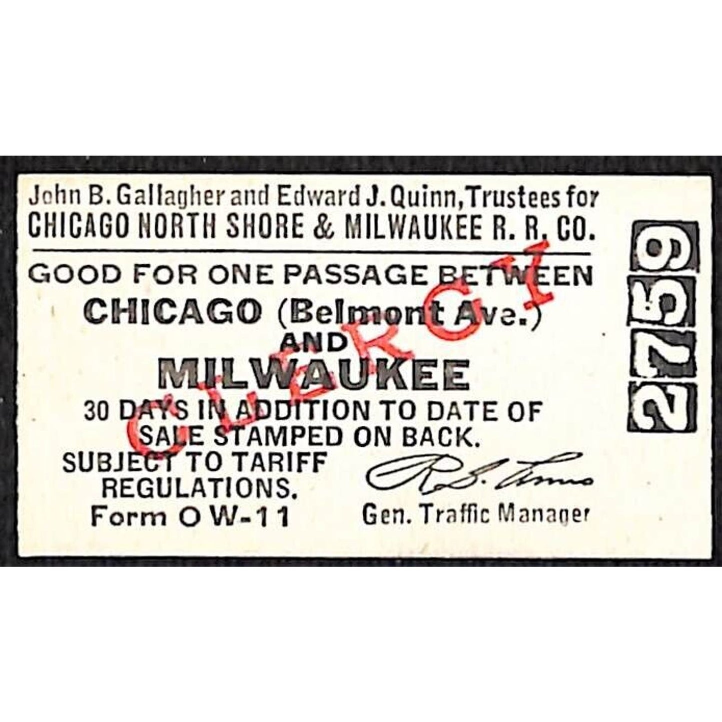 Chicago North Shore & Milwaukee RY "Clergy" Ticket Milwaukee #2759