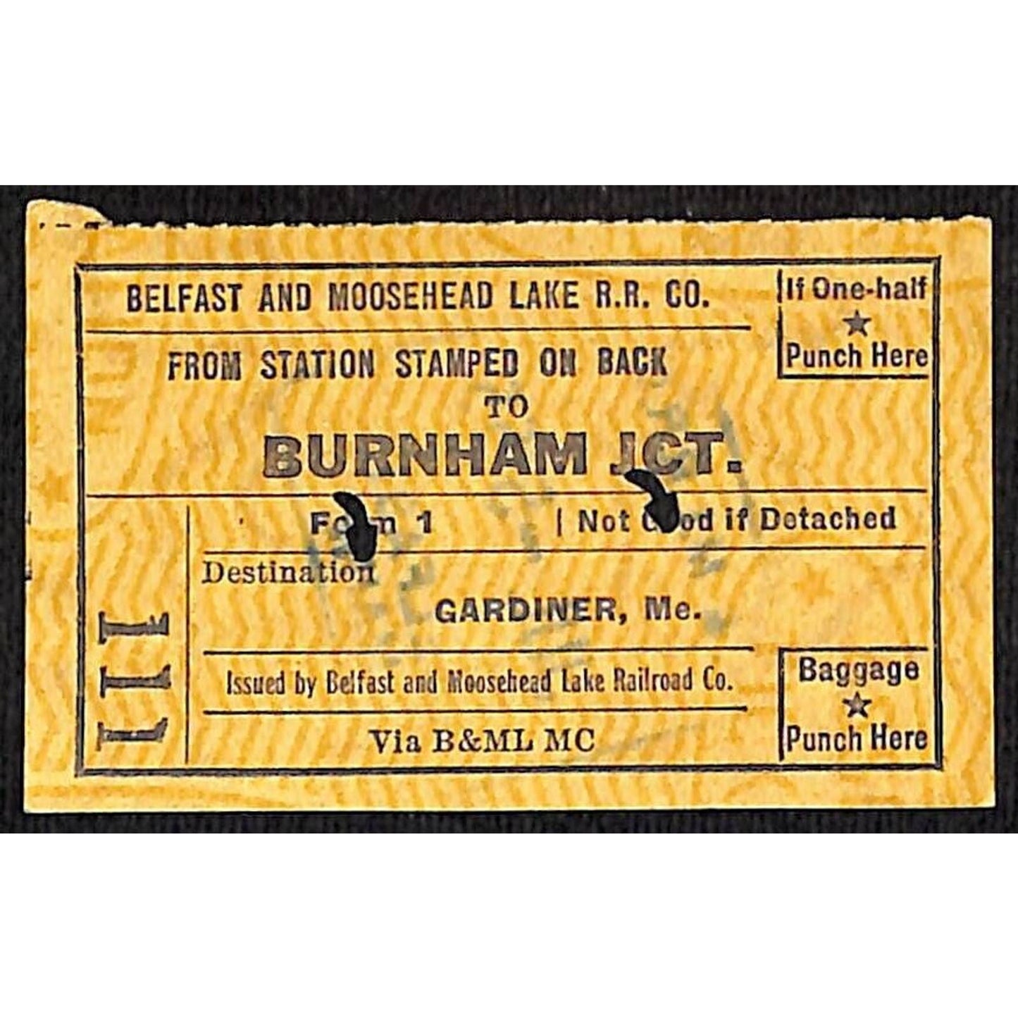 1955 Belfast an Moosehead Lake Railroad Ticket Burnham Jct. #111