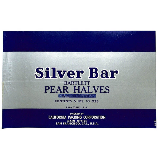 1942 Paper Can Label Silver Bar Brand Bartlett Pear Halves - California Packing