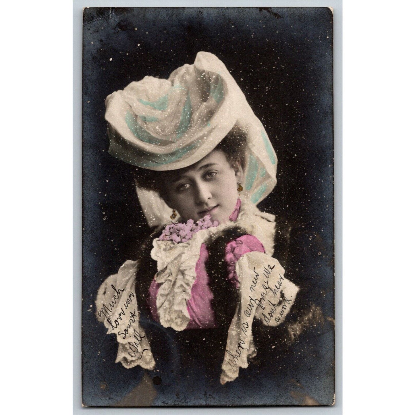 Vintage Postcard - Woman With Fancy Hat and Hand Warmer