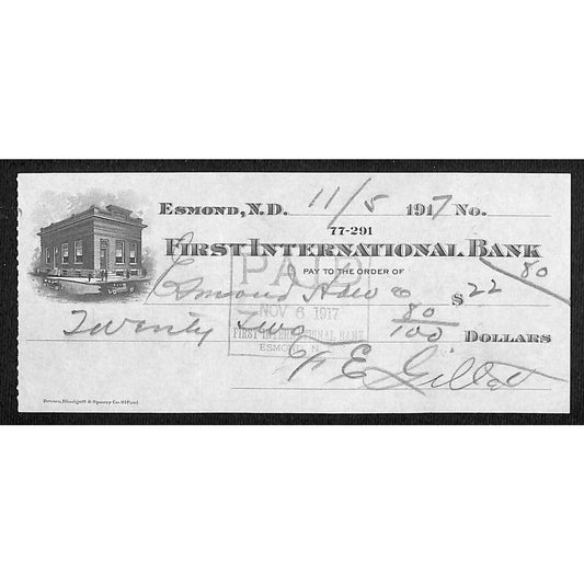 Esmond, ND First International Bank Check 1917 w/ Building Vignette $22.50
