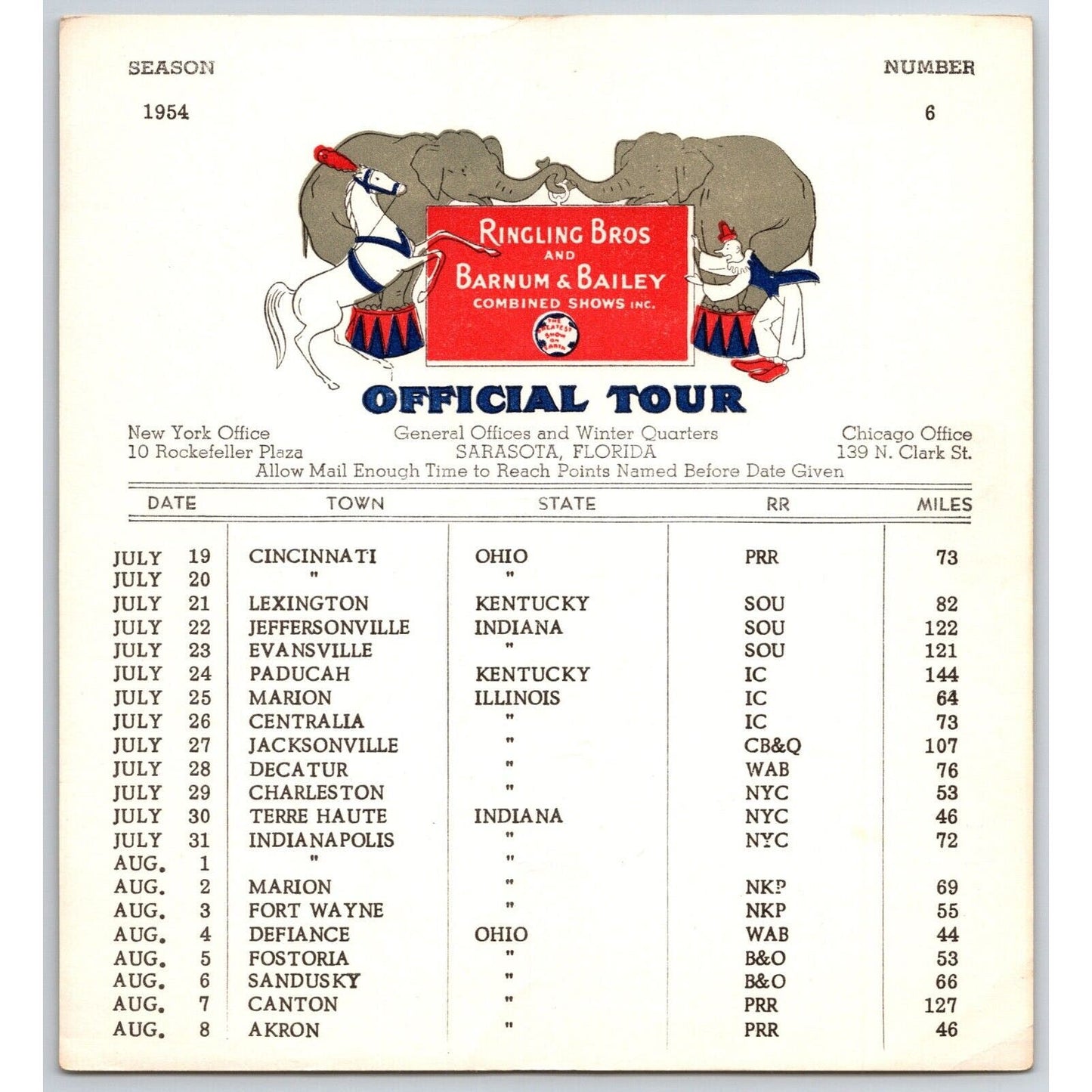 1954 Ringling Bros Barnum Bailey Circus Route Card Cincinnati Lexington Marion