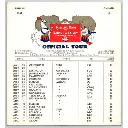 1954 Ringling Bros Barnum Bailey Circus Route Card Cincinnati Lexington Marion
