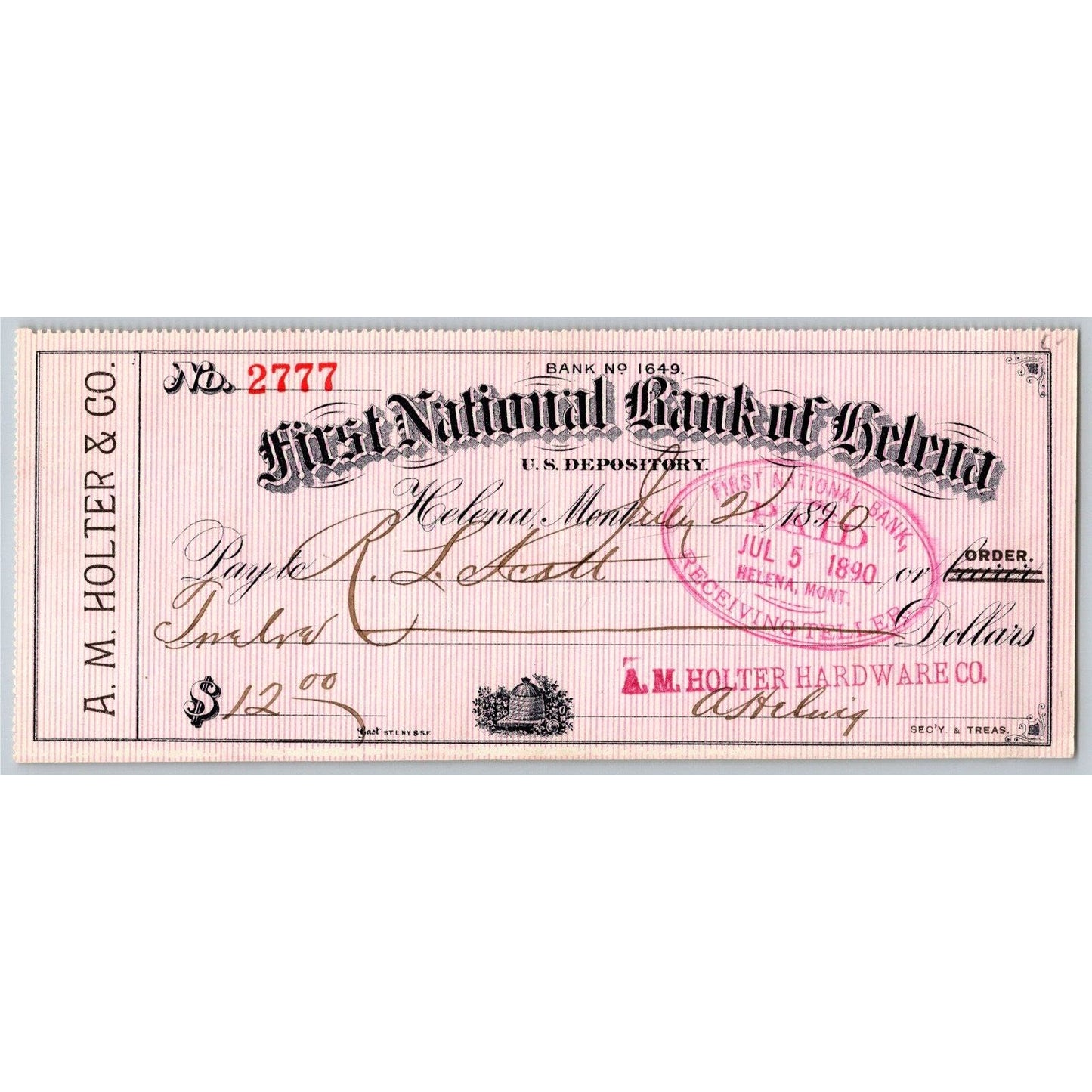 Helena Montana First National Bank Check A.M. Holter Hardware Co. 1890 VGC