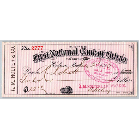 Helena Montana First National Bank Check A.M. Holter Hardware Co. 1890 VGC