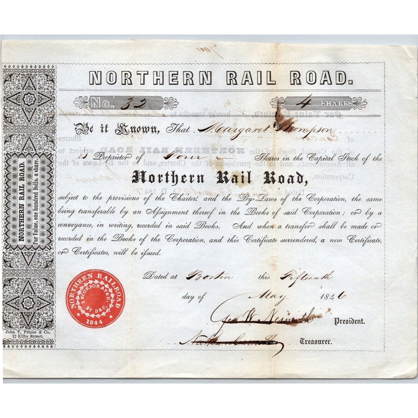 1846 Boston, MA Northern Railroad Stock Certificate LOW No. 32 for 4 Shares