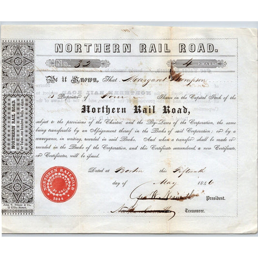 1846 Boston, MA Northern Railroad Stock Certificate LOW No. 32 for 4 Shares
