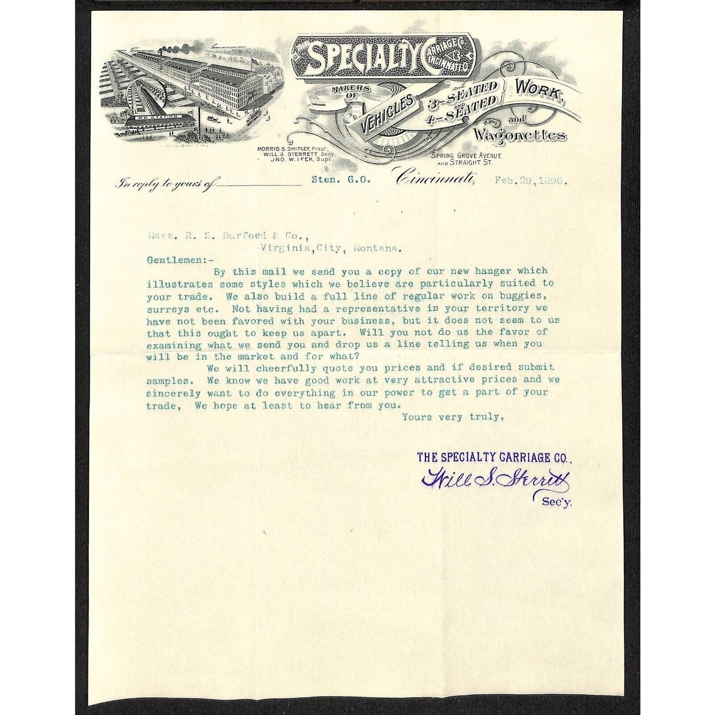 The Specialty Carriage Co. Cincinnati, OH 1896 Letterhead Buford* Scarce