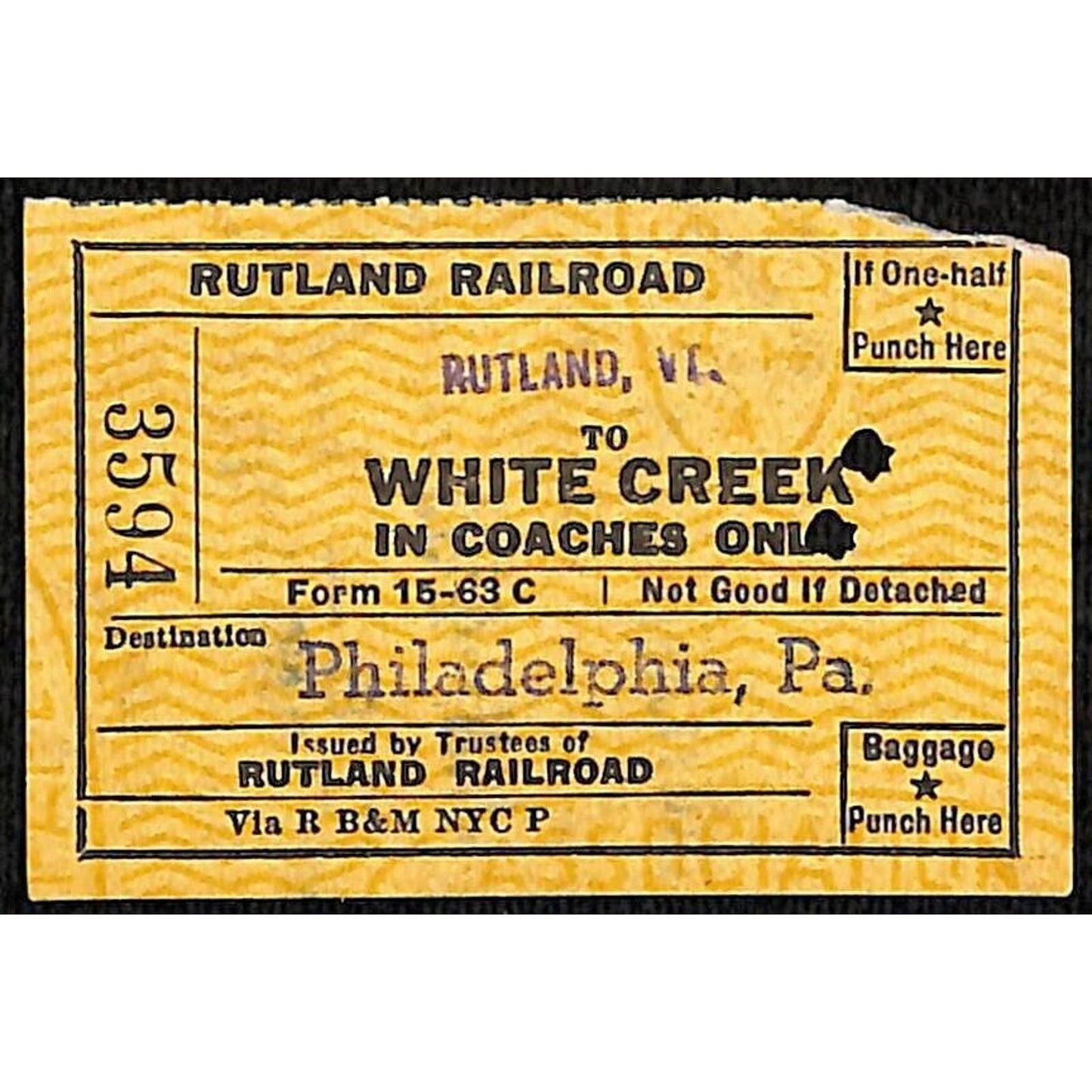 Rutland Railroad Ticket / Stub White Creek Philadelphia 1953 #3594