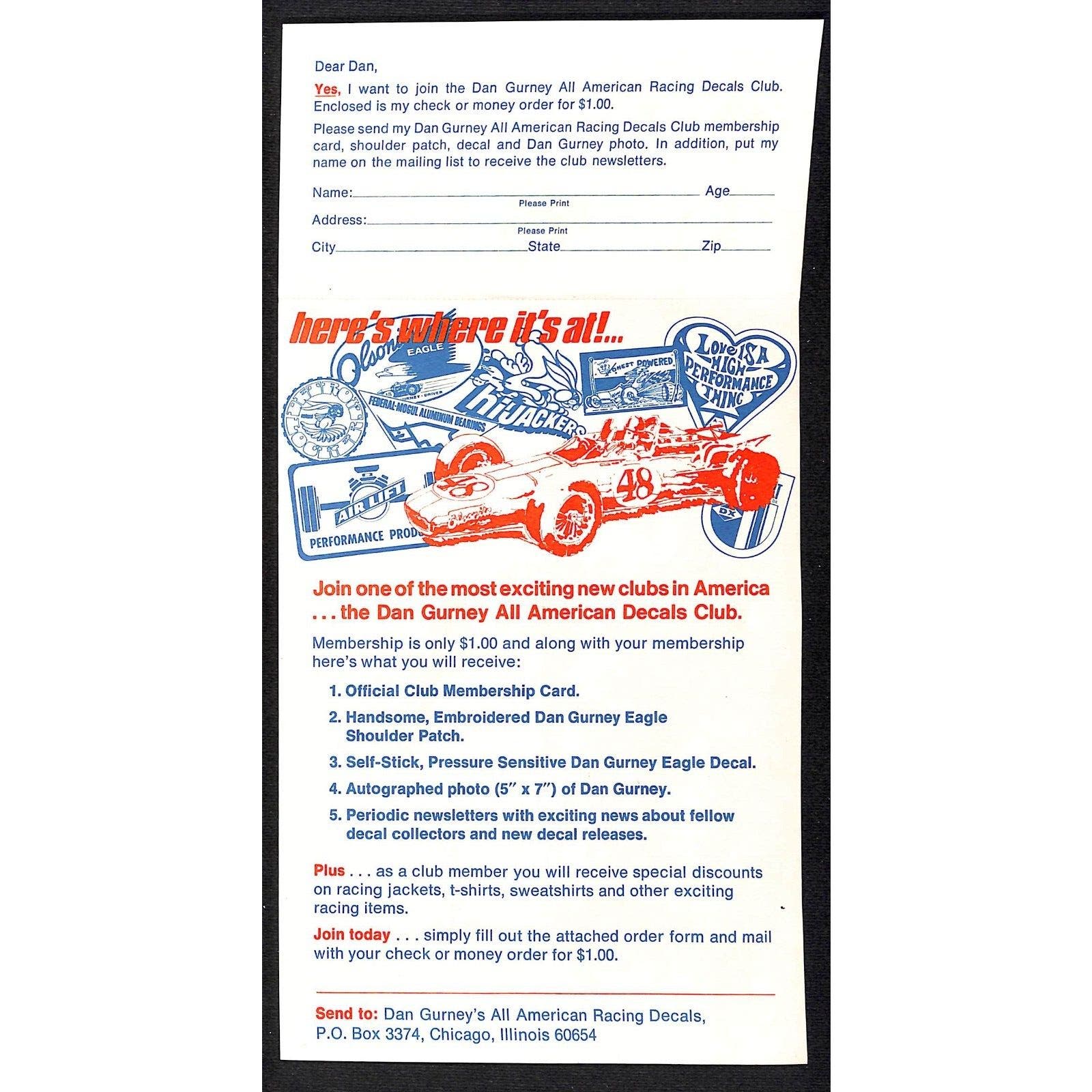 Dan Gurney's All American Racing Decals Advertising Mail-in Detach For ...