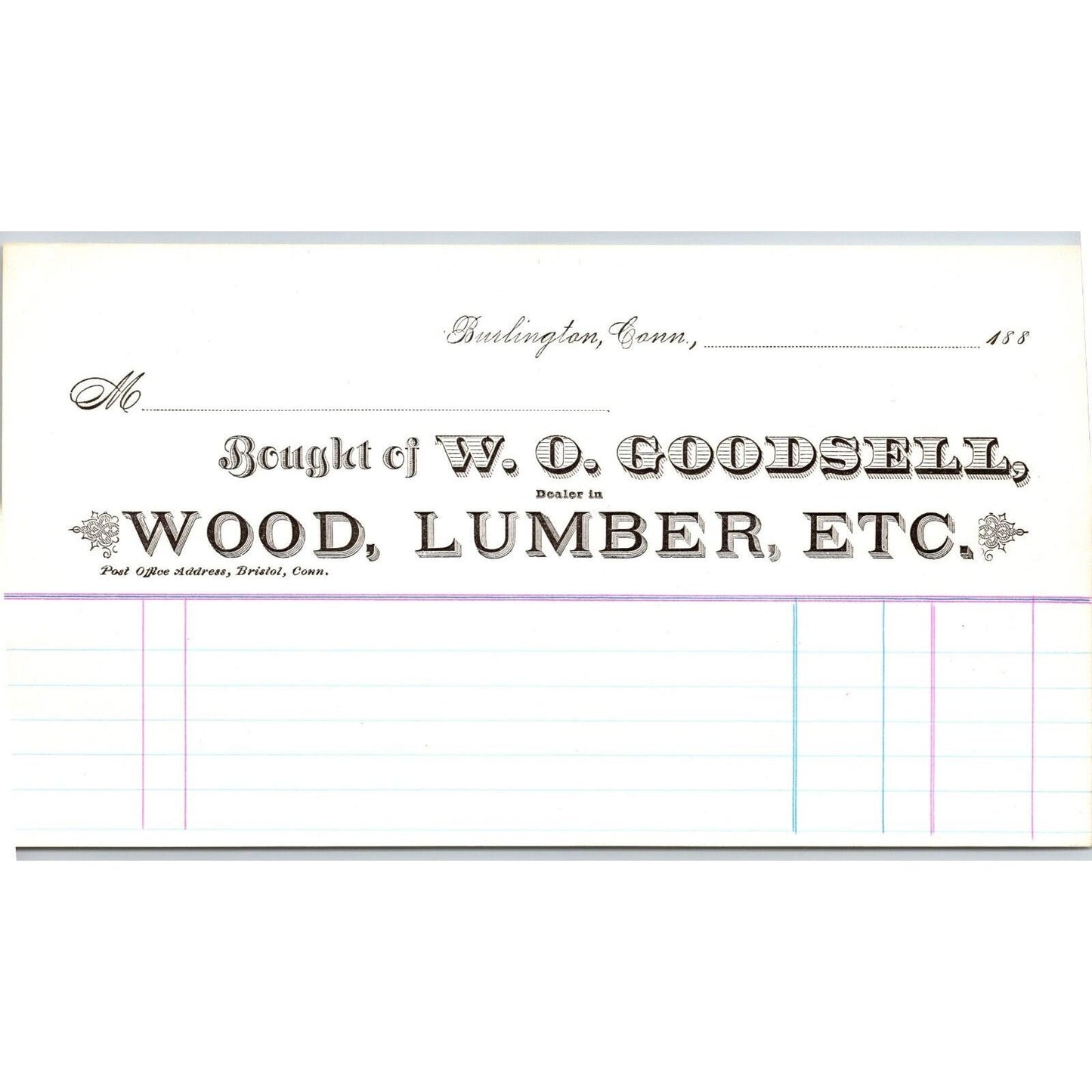 Farmington, CONN W.O. Goodsell 1880 / 1889 Wood Lumber Unused Billhead - Scarce