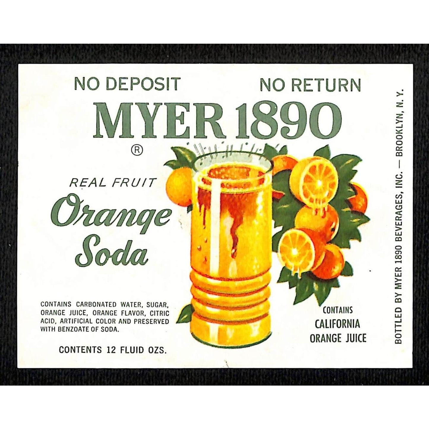 Myer 1890 Orange Soda Brooklyn Paper Soda Label c1960 Scarce - VGC