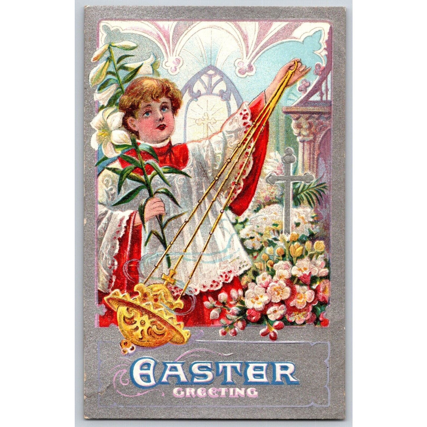 Vintage Easter Postcard "Easter Greeting" Church Boy w/ Incense Dated 1910