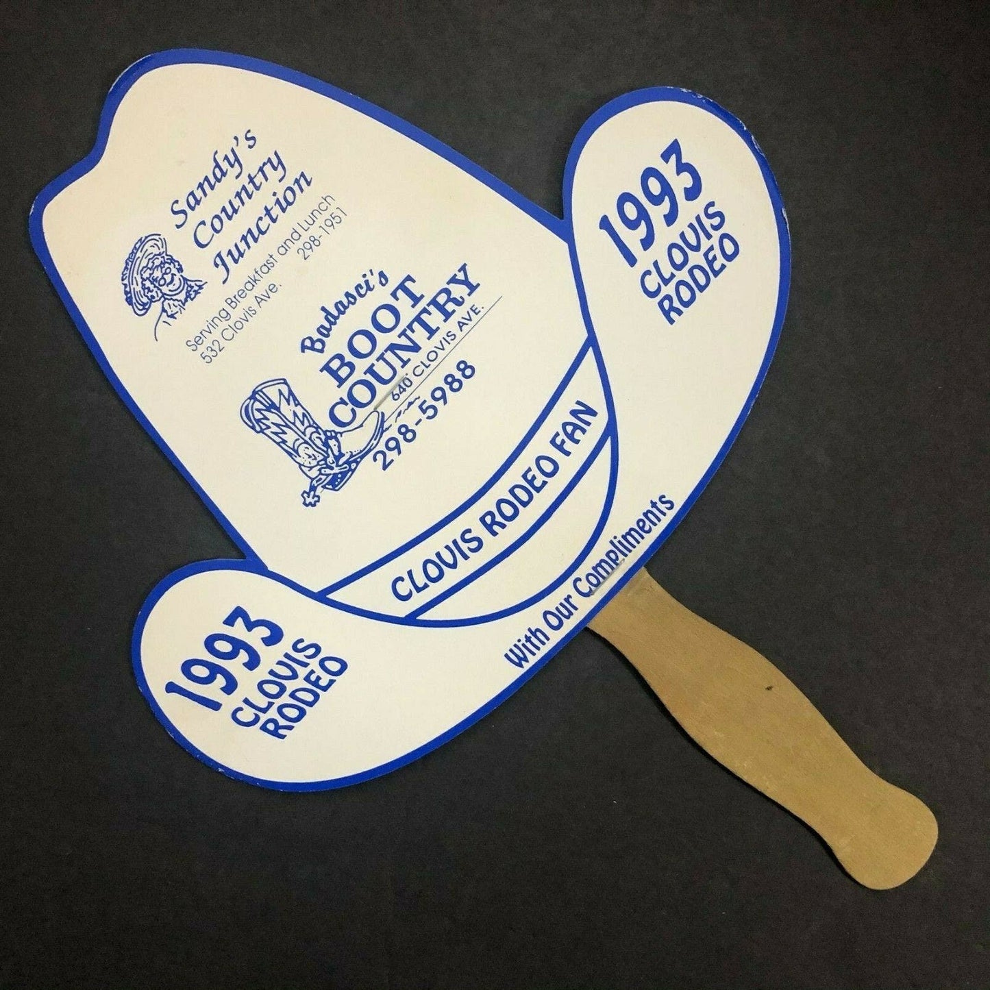 Vintage Advertising 1993 Western Hat Shaped Hand Fan - Clovis, CA NOS