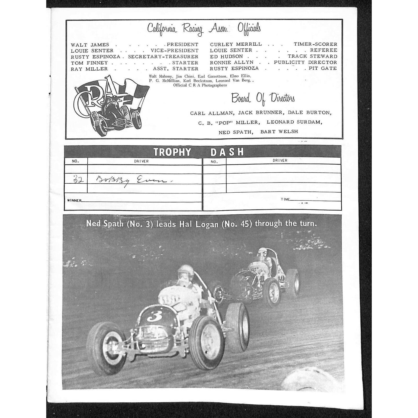Scarce July 20 1966 Sprint Car Auto Racing CRA Program Ascot Gardena, CA 16pp.