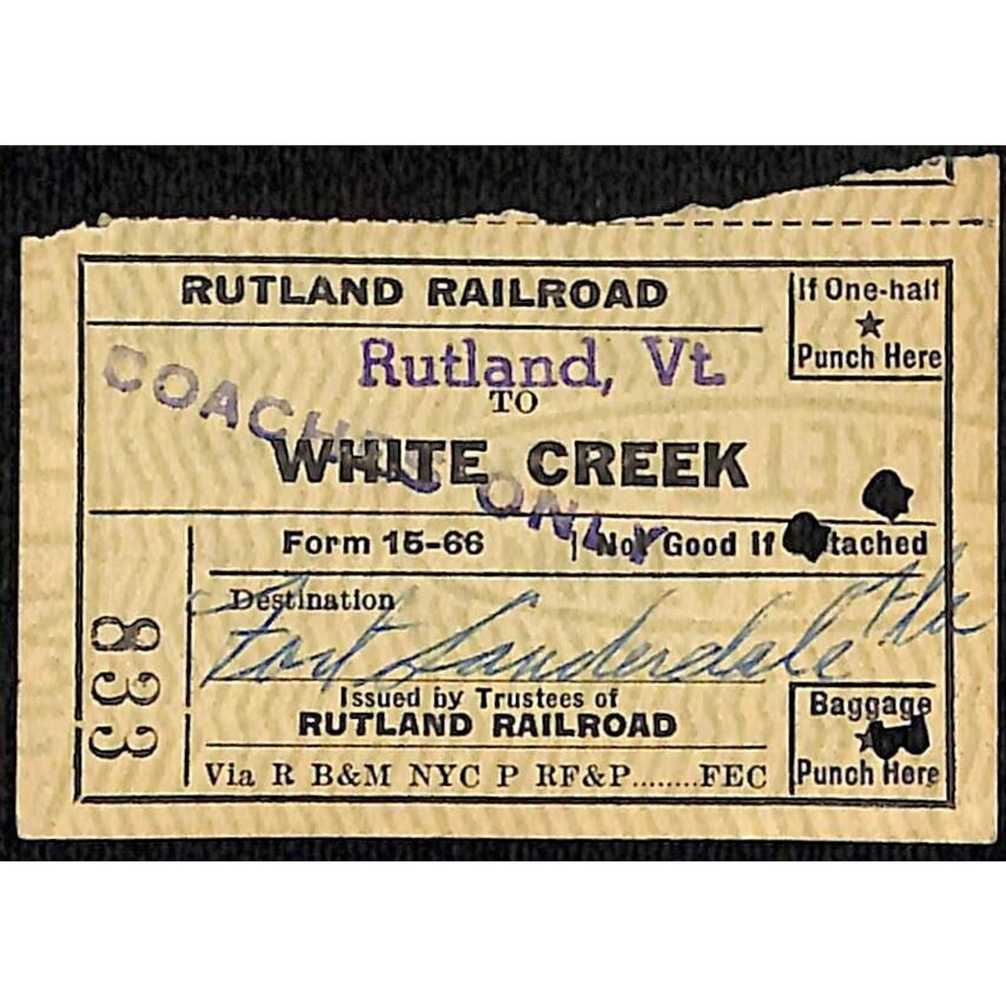 Rutland Railroad Ticket / Stub White Creek Ft. Lauderdale 1952 #833