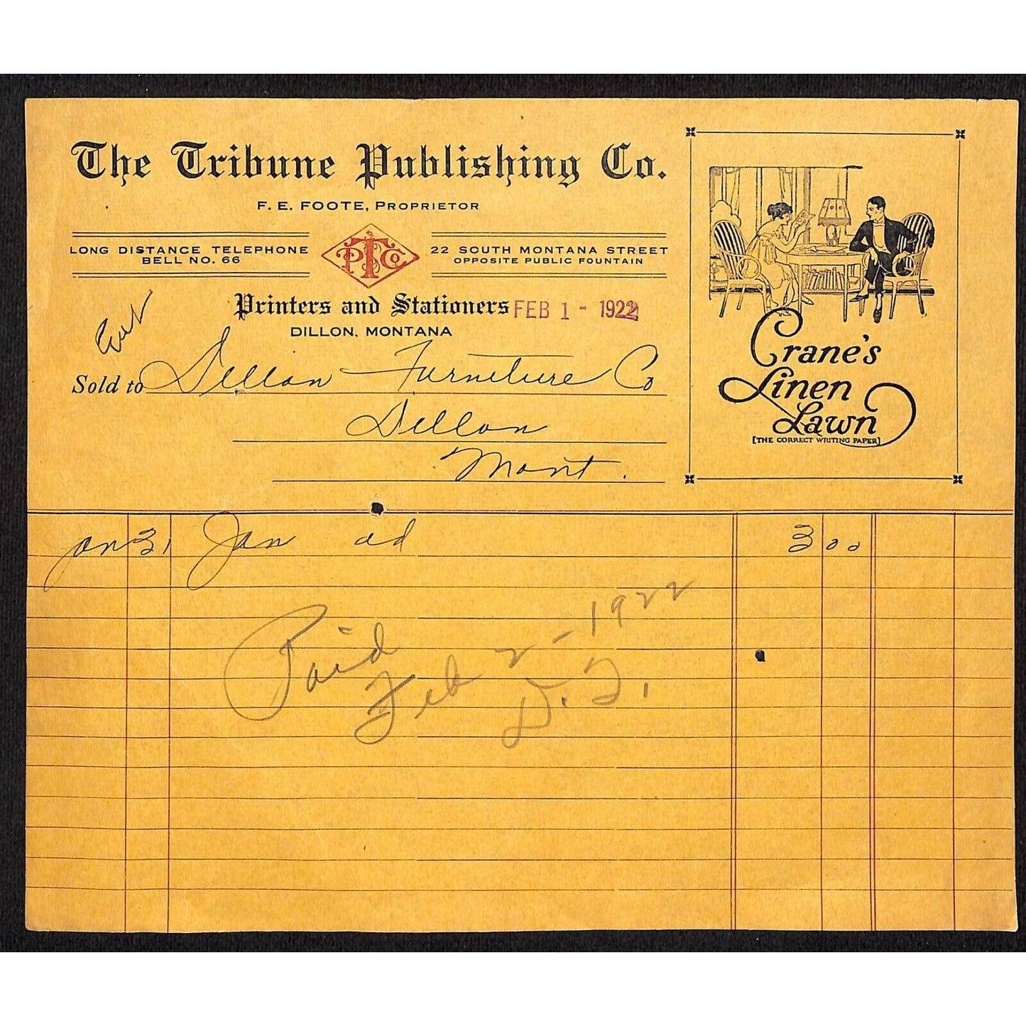 Dillion, MT The Tribute Publishing Co. 1922 Green's Linen Lawn Billhead