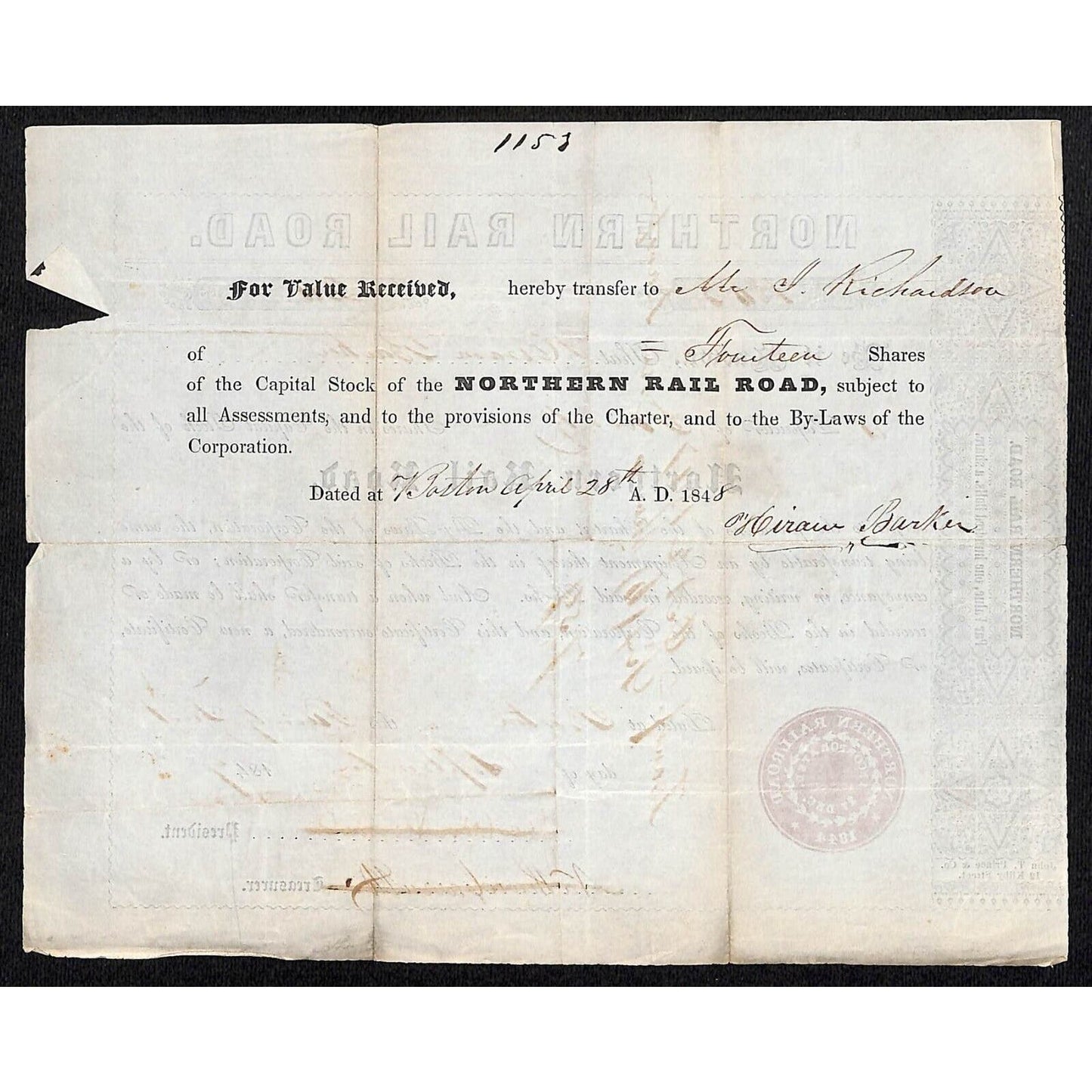1847 Boston, MA Northern Railroad Stock Certificate No. 1863 for 20 Shares