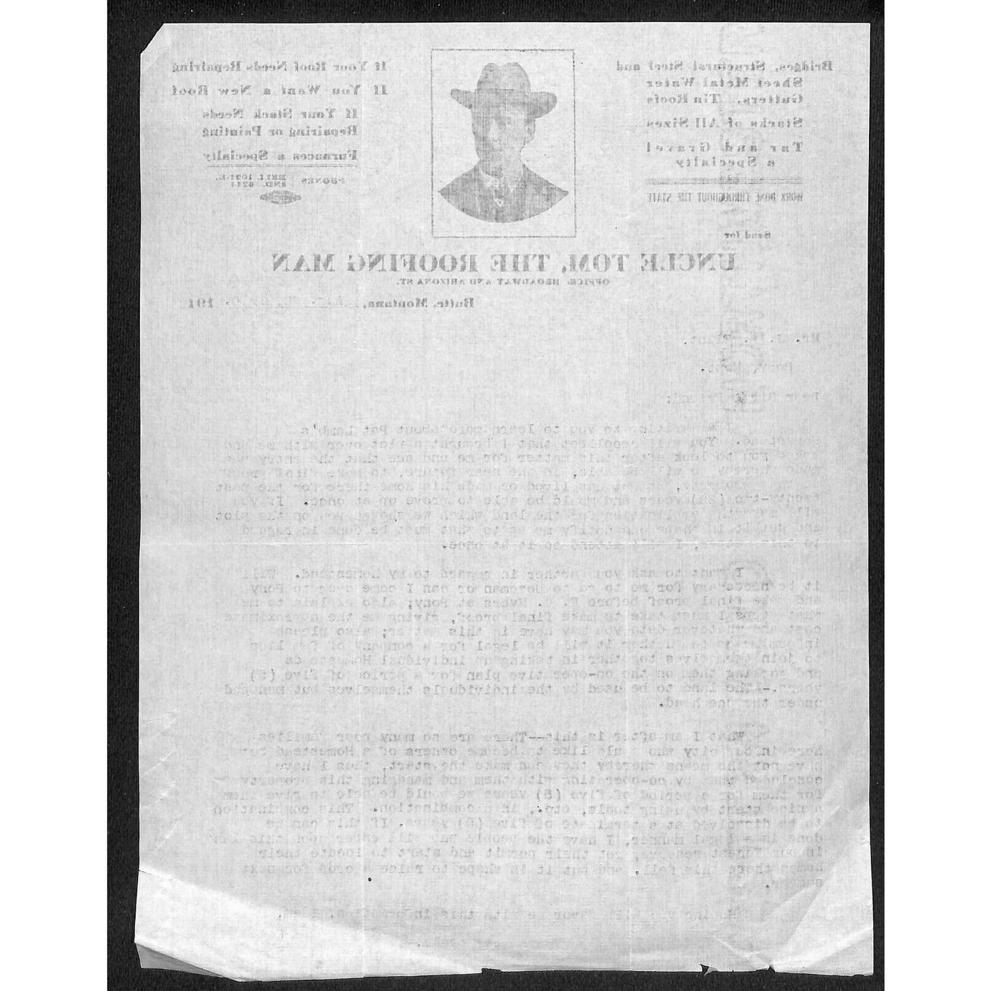 Butte, MT Uncle Tom, The Roofing Man 1910 Letterhead w/ Uncle Tom Graphic