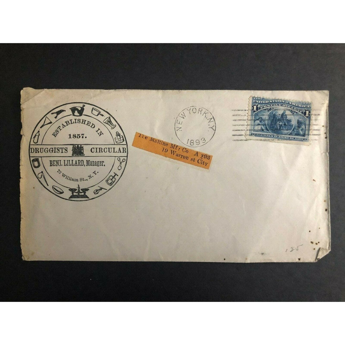 Scarce 1893 "Druggists Circular" Advertising Cover - 72 William St. NYC