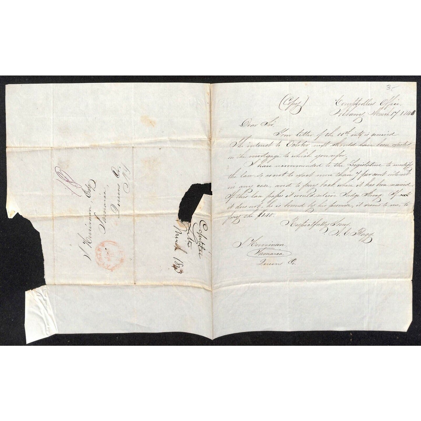 1848 ALS From Jamaica, Queens to Comptroller Albany, NY re: Mortgage / Promise