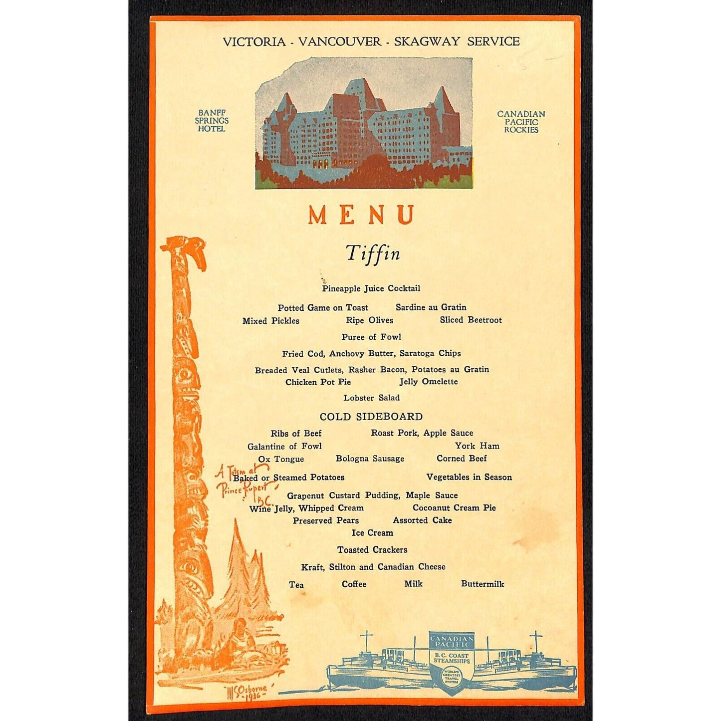 Canadian Pacific B.C. Coast Steamship Menu "Banff Springs Hotel" c1936-40's