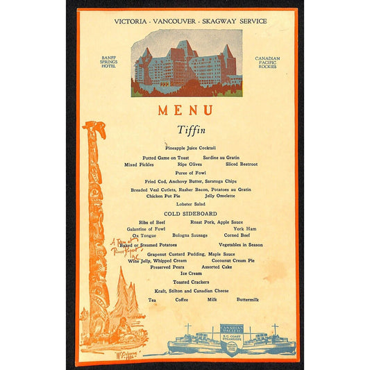 Canadian Pacific B.C. Coast Steamship Menu "Banff Springs Hotel" c1936-40's