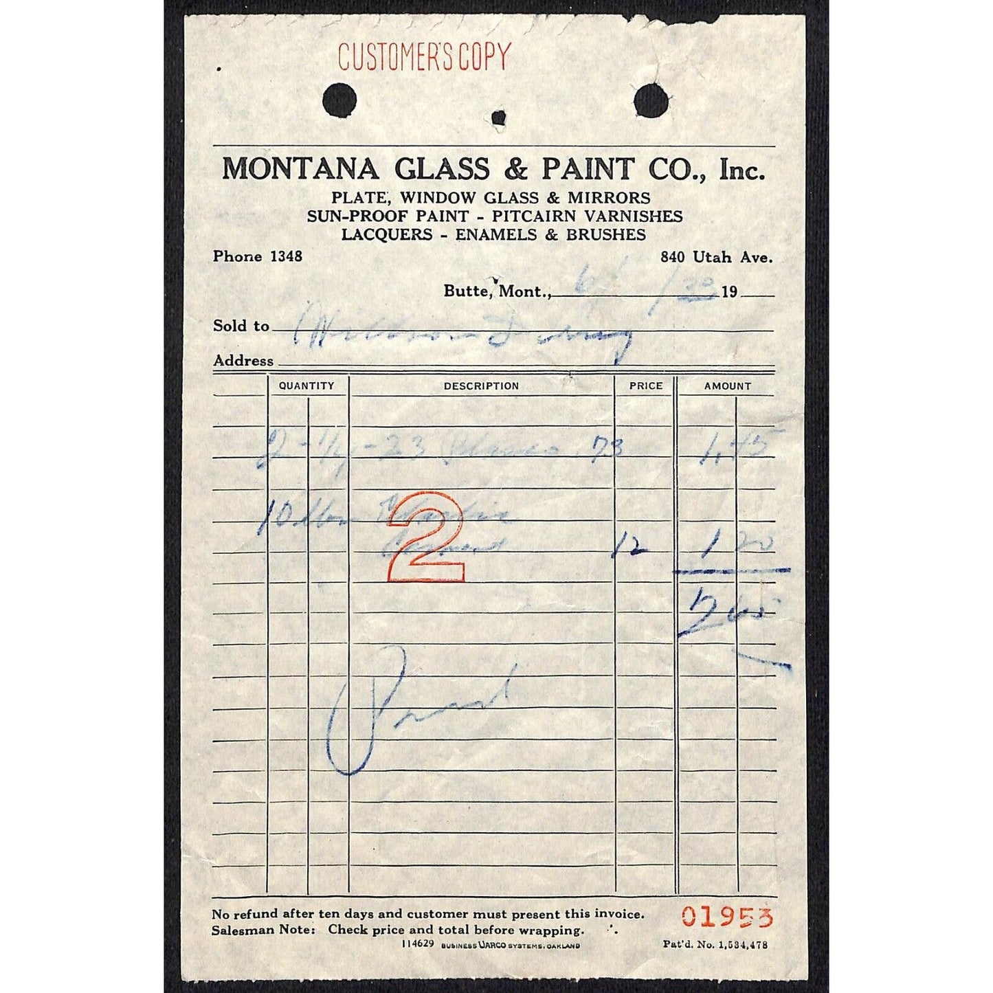 Montana Glass & Paint Co. Butte Montana - 1933 Billhead Letterhead - Wilson Drug