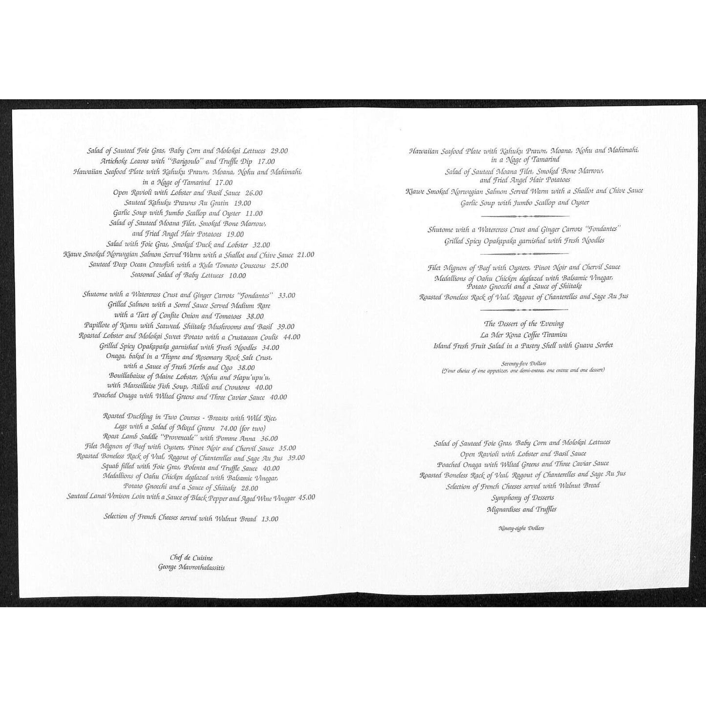 La Mer Restaurant Menu George Mavrothalassitis "Chef Mavro" Halekulani Honolulu