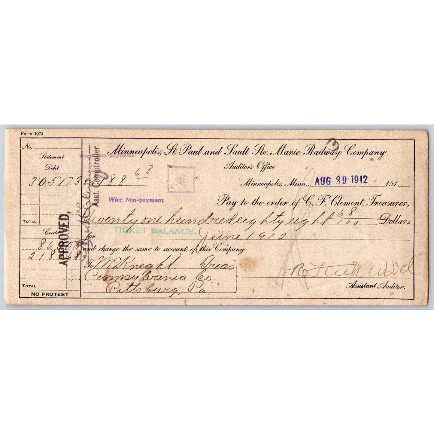 Minneapolis, St. Paul and Sault Ste. Marie Railway 1912 Bank Check VGC