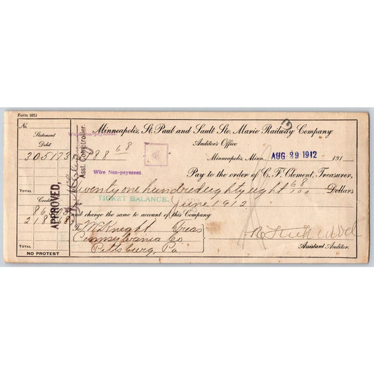 Minneapolis, St. Paul and Sault Ste. Marie Railway 1912 Bank Check VGC