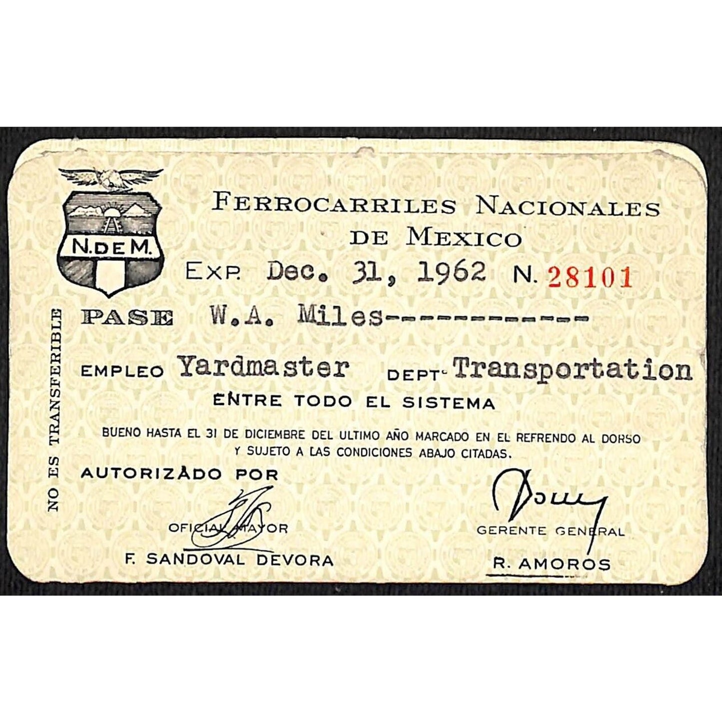 1962 National Railways of Mexico Yearly? Pass - Yardmaster