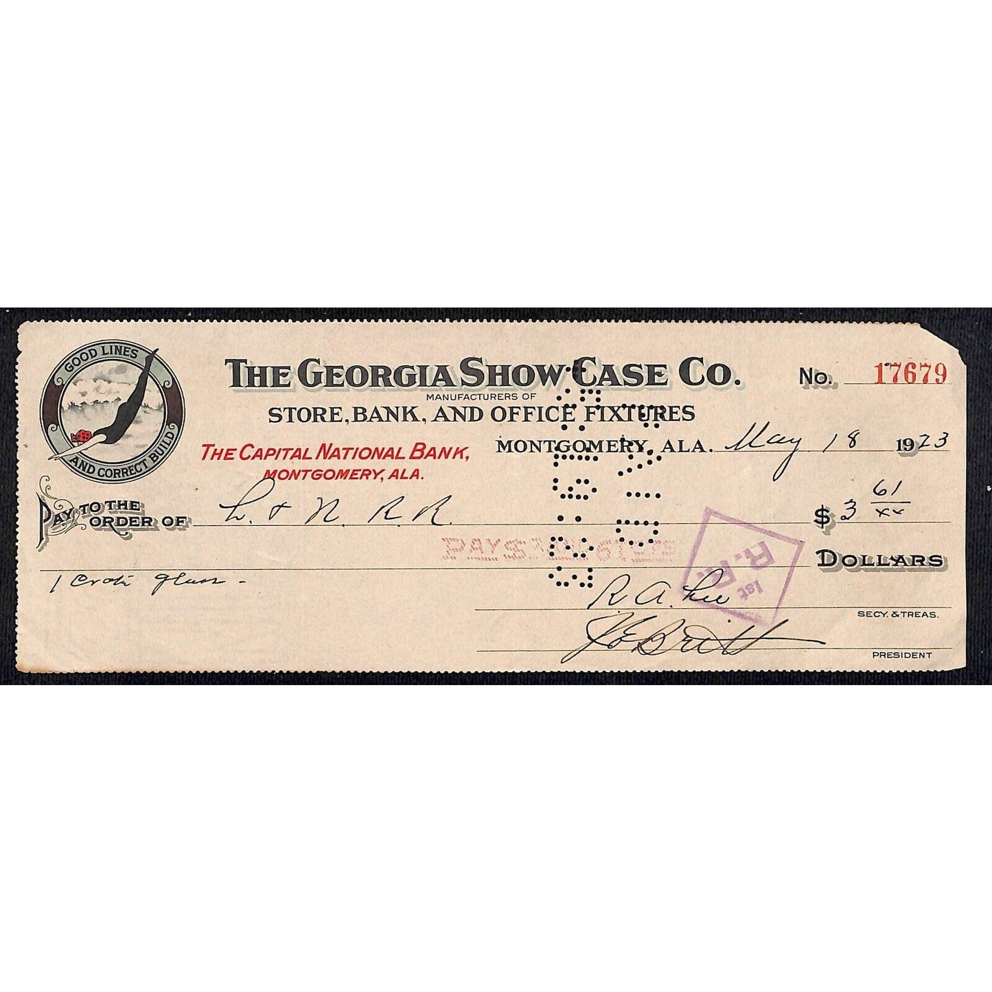 Montgomery, ALA. "The Georgia Show Case Co." Store Fixtures 1923 Bank Check