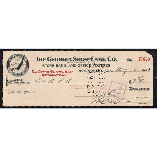 Montgomery, ALA. "The Georgia Show Case Co." Store Fixtures 1923 Bank Check
