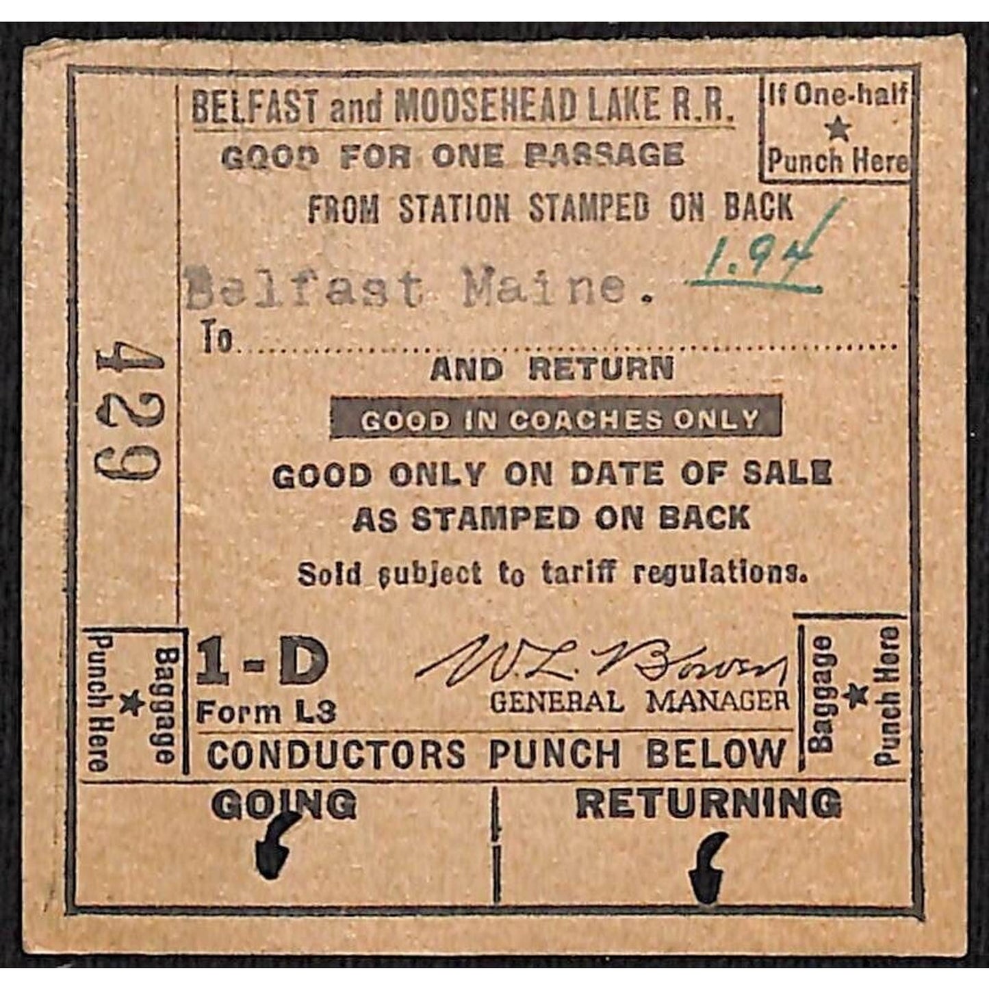 1955 Belfast and Moosehead Lake Railroad Ticket #429 Scarce