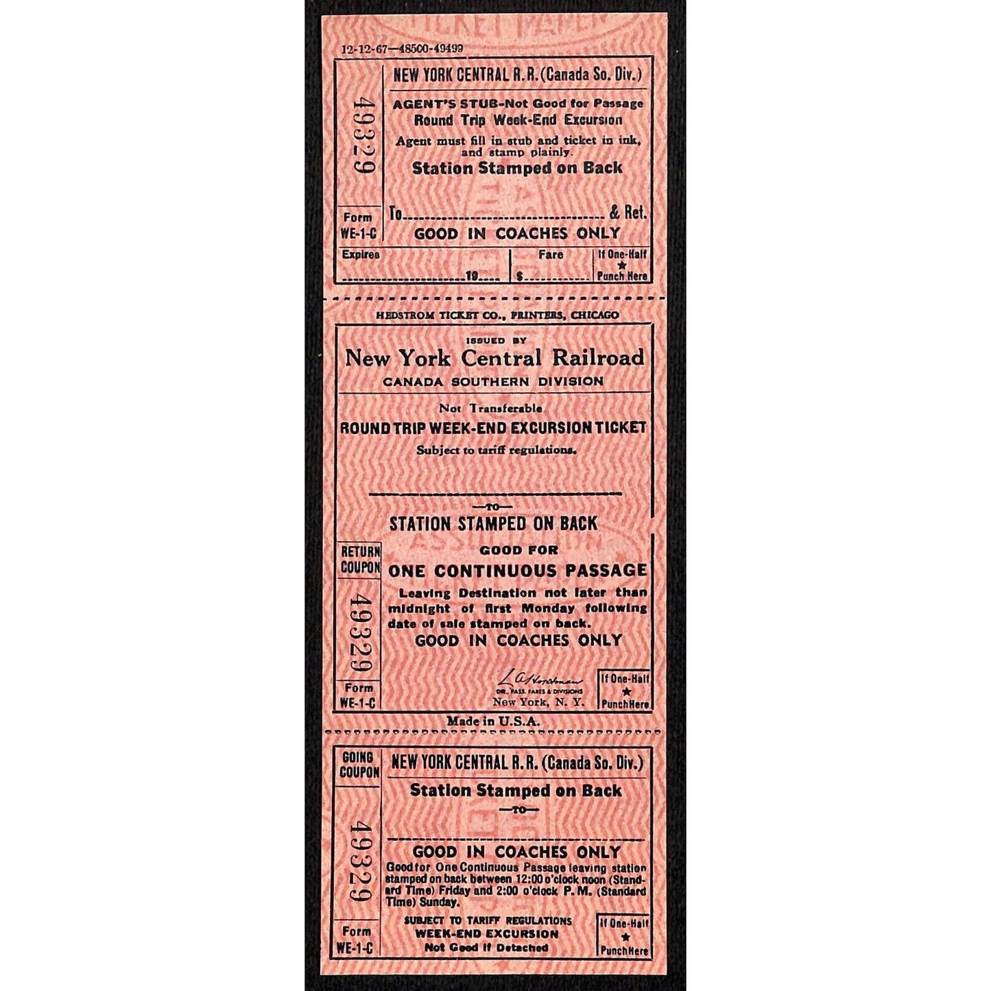 New York Central Railroad RR Canada Unused SAMPLE Excursion Ticket c1967 #49329