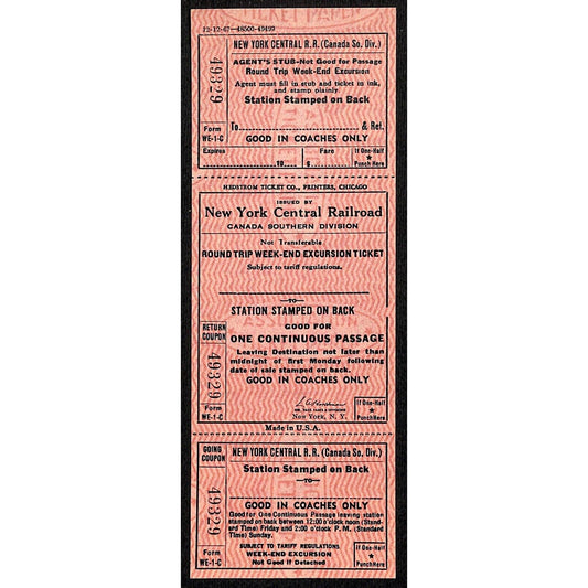 New York Central Railroad RR Canada Unused SAMPLE Excursion Ticket c1967 #49329